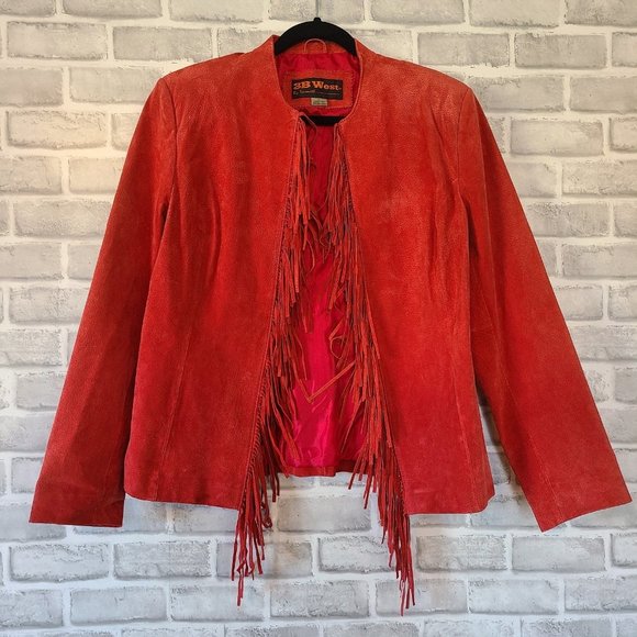 3B West Womens Fringed Leather Jacket Red Suede Open Front Size Large *read - Picture 1 of 12
